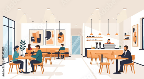 Stylish Coffeehouse Scene with Patrons Relaxing and Barista Serving Customers