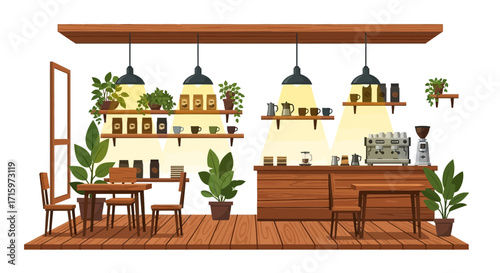 Stylish cozy coffee shop interior with wooden furniture and green plants
