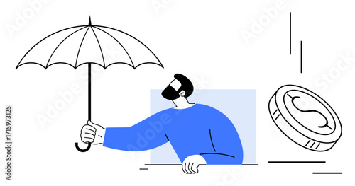 Man with umbrella safeguarding against falling coin. Ideal for finance, insurance, security, investment, stability, risk management, savings. Simple flat metaphor for money protection