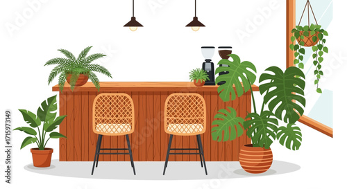 Stylish indoor cafe interior with plants and cozy rustic furnishings