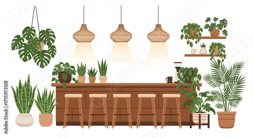 Stylish indoor space design with a bar counter and various potted plants