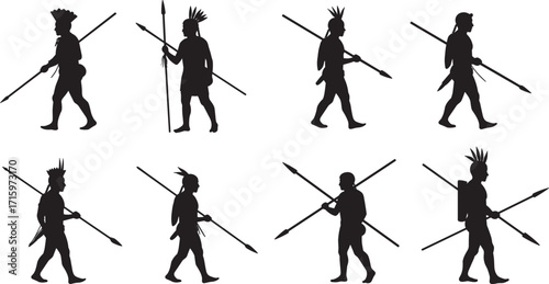 Silhouette tribal warriors walking with spears, primitive hunters, traditional culture, ancient lifestyle, indigenous people, survival journey, weapon combat, native tribe exploration, heritage