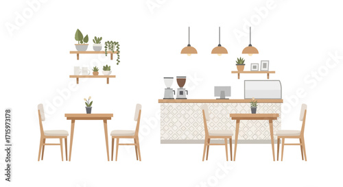 Stylish minimalist cafe interior design featuring natural wood and plants