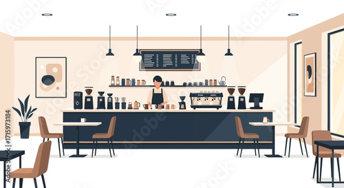 Stylish minimal coffee shop interior with barista and neutral color palette