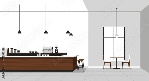 Stylish minimal cafe interior illustration with counter and dining area