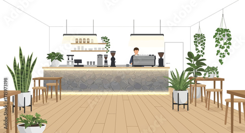 Stylish minimalist coffee shop interior design with potted plants indoors