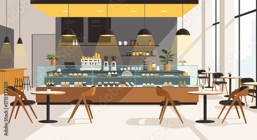 Stylish vector illustration showcases a modern cafe interior with pastries
