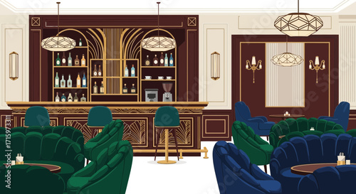 Stylish vintage lounge interior illustration with cozy velvet armchairs