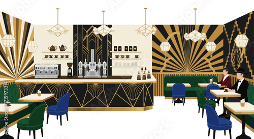 Stylized art deco coffeehouse interior with customers enjoying beverages