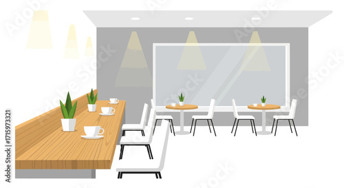 Stylized cafe scene with minimalistic design featuring seating and decor