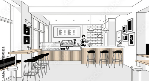 Stylized cafe interior illustration showcasing modern design and coffee shop setting