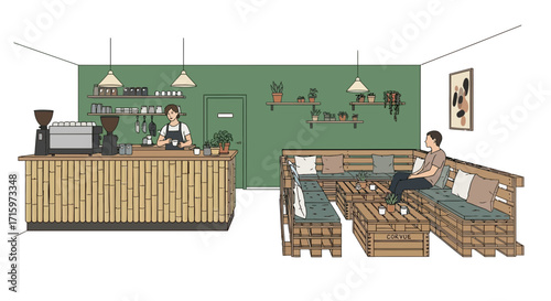 Stylized coffee shop interior design with customer and bamboo counter