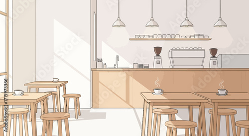 Stylized coffee shop interior illustration with minimalist furniture