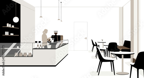 Stylized coffee shop illustration showcasing interior design concept