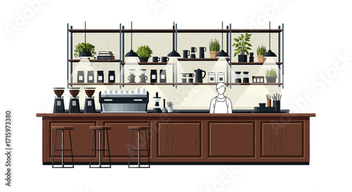 Stylized coffee shop interior with barista and shelf décor elements