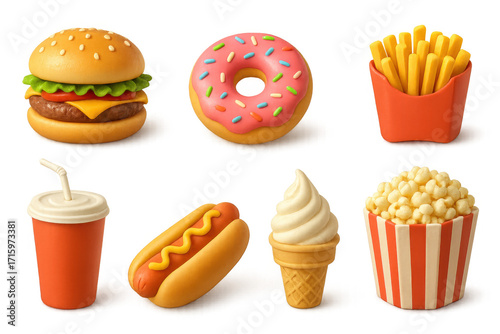 Colorful 3d fast food icons featuring burgers, fries, and donuts