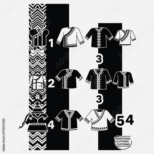 Traditional Clothing Designs A Black and White Illustration of Various Garment Styles