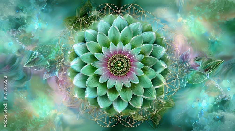Obraz premium Vibrant abstract flower illustration in green hues. Mandala sacred geometry heart chakra mandala green flower of life heart chakra art mandala heart chakra design
