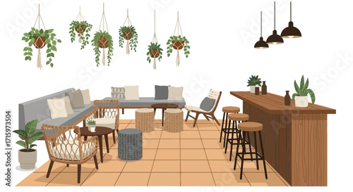 Stylized interior scene of a cozy bohemian style bar and lounge area