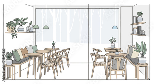 Stylized vector illustration depicting a bright and airy modern cafe interior