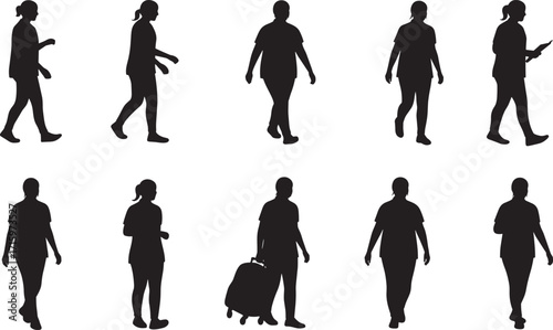 Silhouette woman walking, female traveler with luggage, casual lifestyle, business commute, daily routine, reading phone, modern city life, people movement
