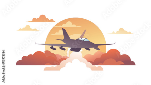 Illustration of a fighter jet taking off against a backdrop of clouds and a setting sun in the sky