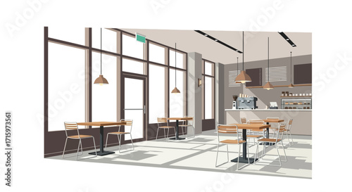 Sun-Drenched Cafe Interior Illustration with Empty Tables and Chairs
