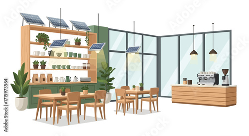 Sustainable coffee shop interior featuring solar panel lighting system concept