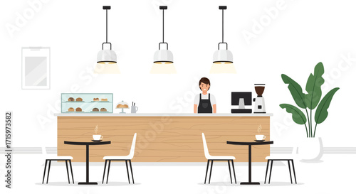 Trendy Cafe Interior Design with Barista and Minimalist Furnishings