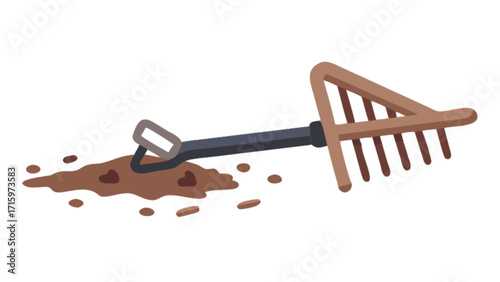 Illustration of a brown rake lying on a pile of dirt with a black handle and a gray hand grip tool