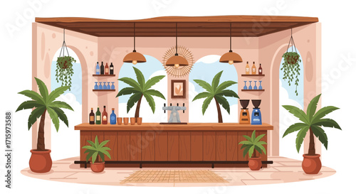 Tranquil tropical bar interior with palm trees and stylish decorations