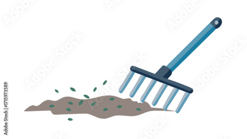 Illustration of a blue rake gathering fallen leaves in a pile on a white background outdoors scene