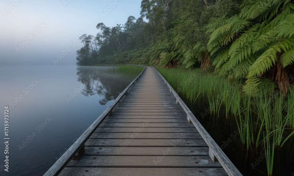 Fototapeta premium Misty lake path through tranquil forest