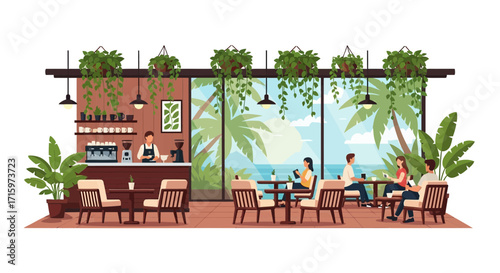 Trendy Coffee Shop Interior with Coastal Views and Relaxing Ambiance