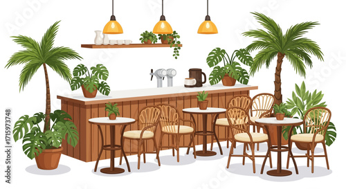 Tropical cafe illustration with island vibe and cozy botanical atmosphere