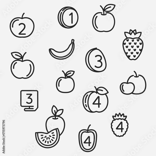 Collection of Fruits and Numbers Icons, Symbols and Graphics Representing Healthy Eating and Counting