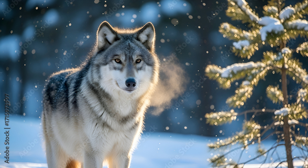 Naklejka premium Wolf in Winter Wonderland - A Majestic Creature in a Snowy Landscape.
