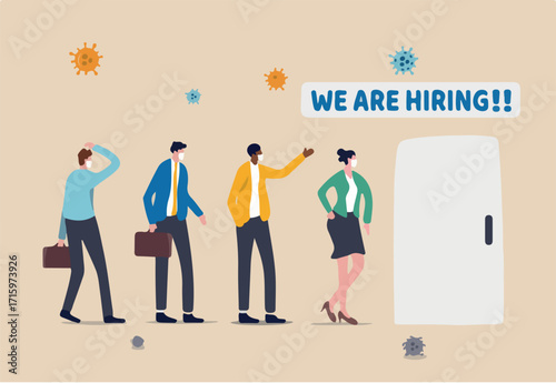 Job open for unemployed businessmen or laid off people, new vacancy for jobless people after economic recovery in Coronavirus COVID-19 crisis, people standing in line apply for job with virus pathogen
