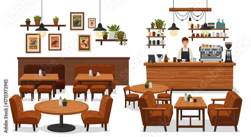 Warm and inviting coffee shop interior illustration with barista and seating
