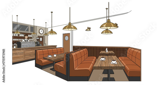 Warm and inviting interior of a cozy coffee shop with booth seating