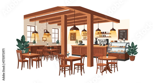 Warm and inviting interior scene of a rustic coffee shop with wooden accents