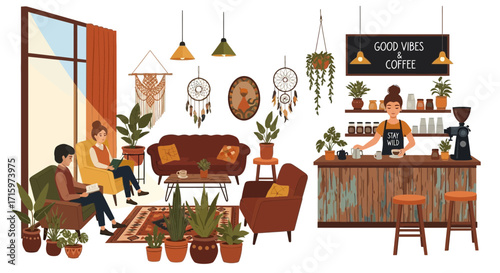 Warm and Welcoming Bohemian-Style Coffee Shop with Relaxed Atmosphere