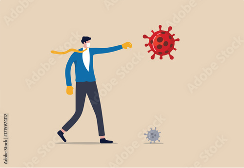 Fighting for business to survive and stop COVID-19 Coronavirus outbreak crisis concept, Confident businessman leader wearing suit with boxing gloves fighting with COVID-19 virus pathogen.