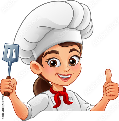 Smiling female chef woman with spatula and thumbs up gesture, perfect for branding food services, catering ads, cooking classes, restaurant menus, takeaway promotions, or delivery business.