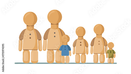 Illustration of a family with two parents and three children made of wooden mannequin figures standing