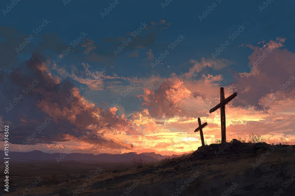 Obraz premium Easter Symbolism: Cross in a Desert Landscape Against a Majestic Sunset