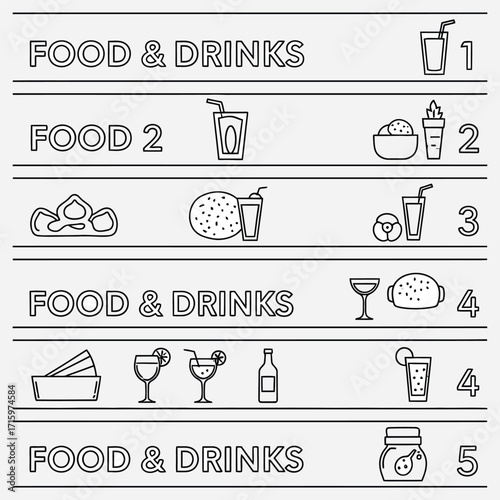Culinary line art icons set with assorted fast food meals, refreshing drinks, and desserts