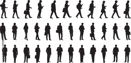 Silhouette people walking, standing, using phone, office attire, male and female poses, casual business postures, vector illustration, city crowd