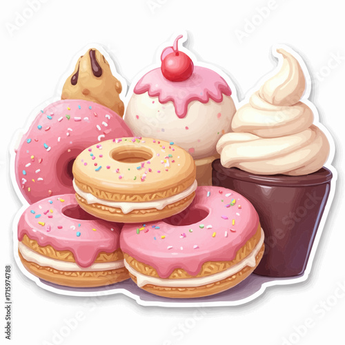 A delightful assortment of sweet treats, including pink iced donuts, cookies, and creamy desserts, perfect for any celebration or indulgence
