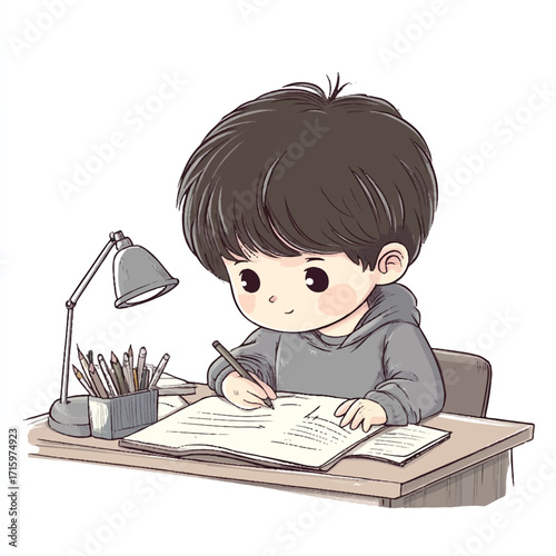 Cartoon boy diligently studying at his desk with lamp and pencils.